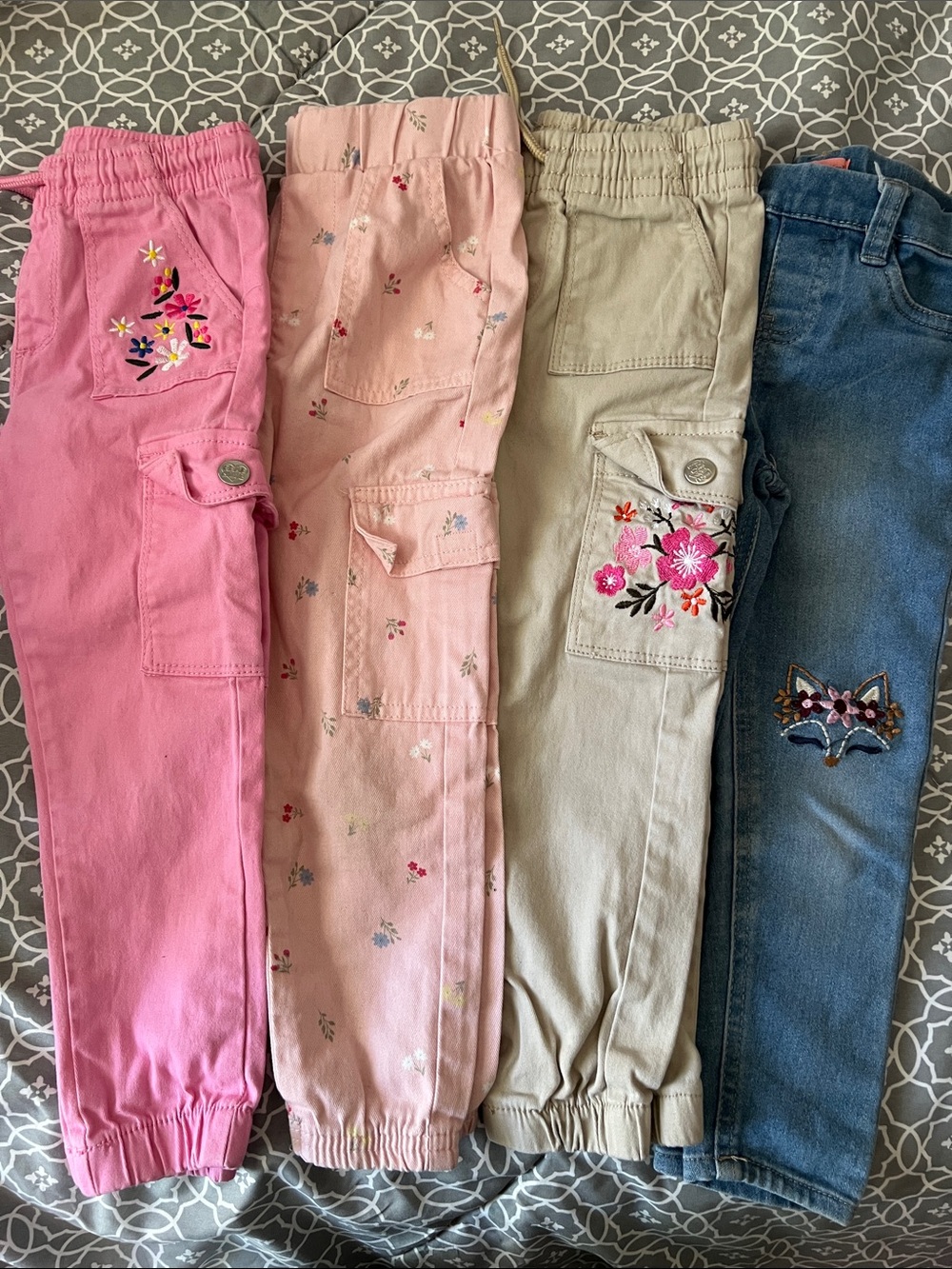 Girls' Embroidered Cargo Joggers - Pink, Light Pink, Khaki, Denim
